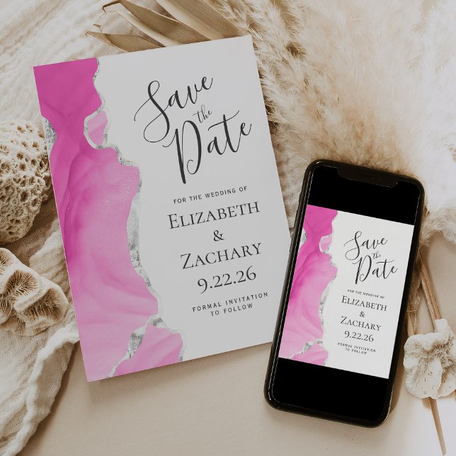 Modern Agate Pink Silver Save the Date Card Einladung (Von Creator hochgeladen)