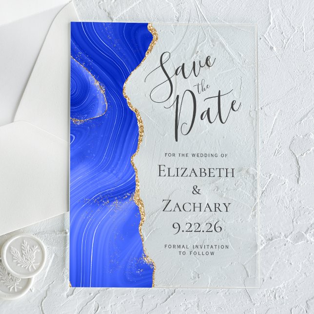Modern Agate Royal Blue Gold Save the Date Acryleinladungen (Von Creator hochgeladen)