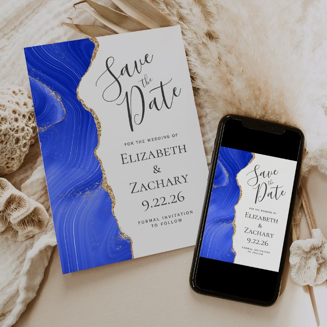 Modern Agate Royal Blue Gold Save the Date Card Einladung (Von Creator hochgeladen)