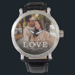 Modern Alles, was Sie brauchen, ist LIEBE Hochzeit Armbanduhr<br><div class="desc">Moderne schicke Foto-Uhr mit handgeschriebenen Schriften und moderne Typografie-Lektüre: "Alles,  was Sie brauchen,  ist Liebe "neben Ihren individuellen Namen und Hochzeitstag. Personalisieren Sie mit Ihrem bevorzugten Foto und Informationen. Gutes Geschenk für Neuvermählte,  ein Jubiläum oder Valentinstag!</div>
