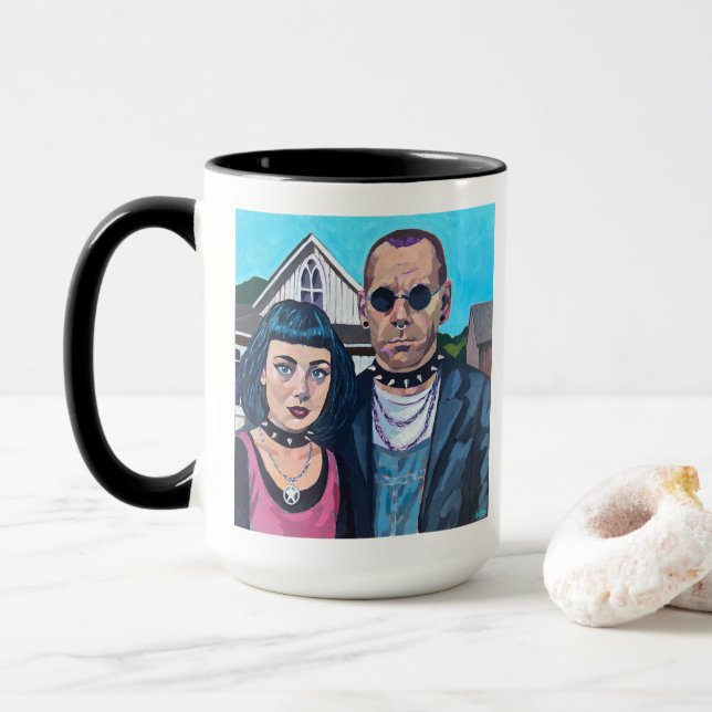 Modern American Gothic Art - Grant Woods Inspired Tasse (Mit Donut)