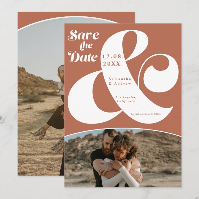 Modern Ampere und Terrakotta 2 Fotos Save the Date (Vorne/Hinten)