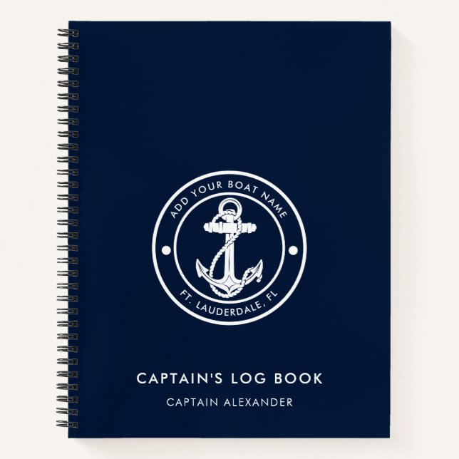 Modern Anchor Boat Name Navy Blue Captains Log Notizbuch (Vorderseite)