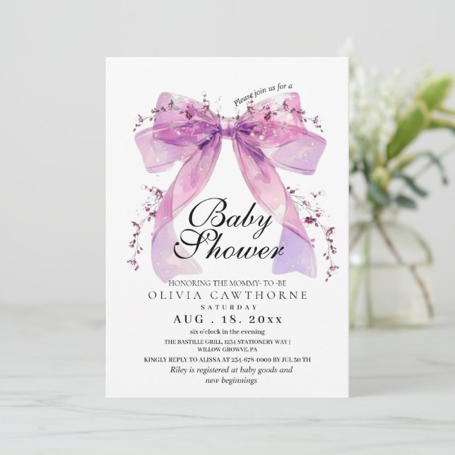 Modern and elegant Pink Bow Baby Shower Einladung (Stehend Vorderseite)