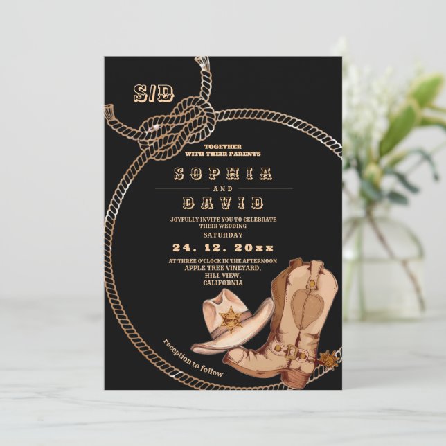 Modern and Minimal Western Cowboy Boots Wedding  Einladung (Stehend Vorderseite)