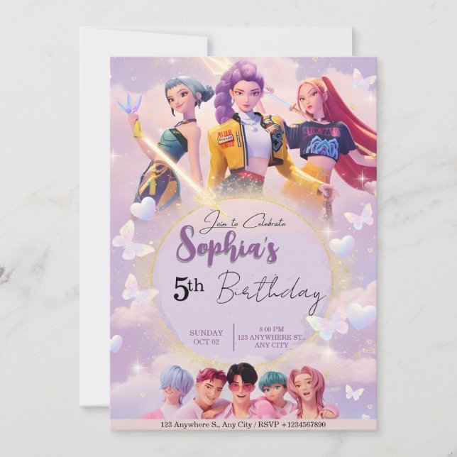 Modern Anime Girl Squad Neon Purple Birthday  Einladung (Vorderseite)