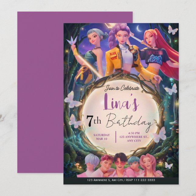 Modern Anime Girl Squad Neon Purple Birthday Einladung (Vorne/Hinten)