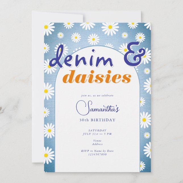 Modern any Age Arch Denim Daisis Summer Birthday Einladung (Vorderseite)