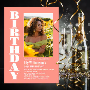 Modern any Age Coral White Foto Geburtstagsparty Einladung