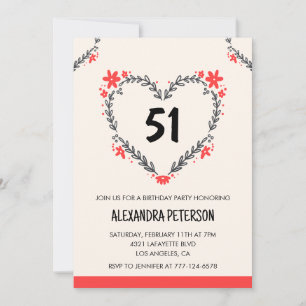 Modern Any age Floral Heart für ihren 51. Geburtst Einladung
