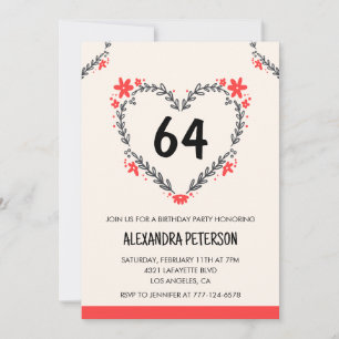 Modern Any age Floral Heart für ihren 64. Geburtst Einladung