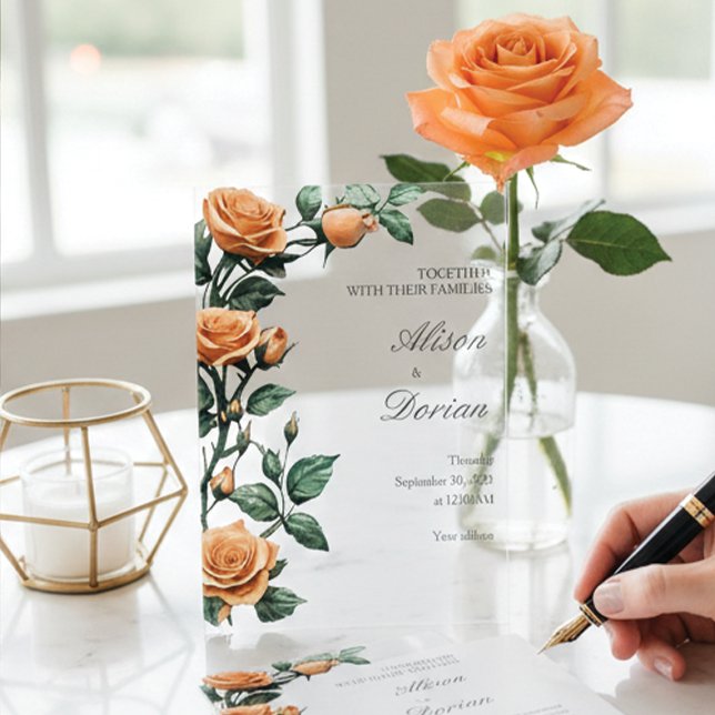 Modern Apricot Orange Rose Floral Acrylic Wedding Acryleinladungen (Von Creator hochgeladen)