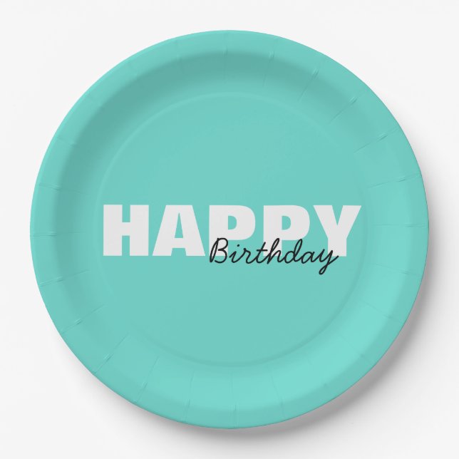 Modern Aqua Blue Typografy Happy Birthday Pappteller (Vorderseite)