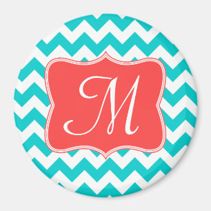Modern Aqua Coral Zickzack Monogram Initial Magnet