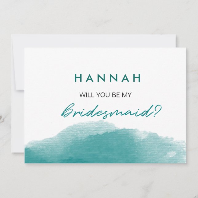 Modern Aquamarin Blue Watercolor Script Bridesmaid Einladung (Vorderseite)