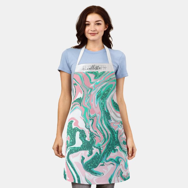 Modern Aquamariner grüner Glitzer-Marmor in Weiß r Schürze (Getragen)