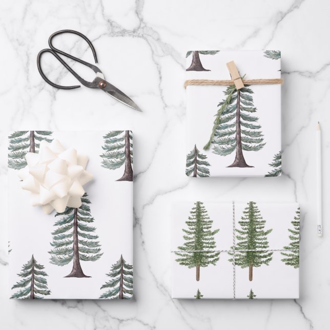 Modern Aquarell Weihnachten Grüne Pine Tree Schnee Geschenkpapier Set (Vorderseite)