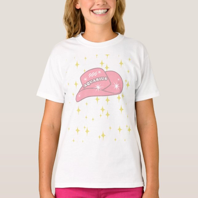 Modern Aquarius Zodiac Pink Cowgirl Hat Girl T-Shirt (Vorderseite)