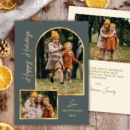 Modern Arch 3 Photo Green Happy Holiday Card Feiertagskarte
