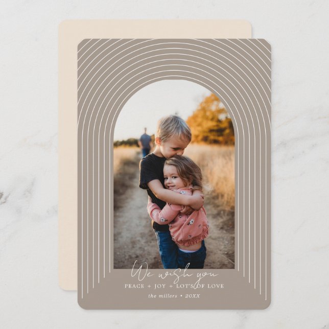 Modern Arch Beige Weihnachtsbild Feiertagskarte (Vorne/Hinten)