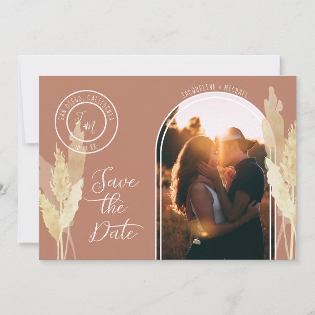Modern Arch BOHO Pampas Grass Einfaches Foto aus K Save The Date (Vorderseite)