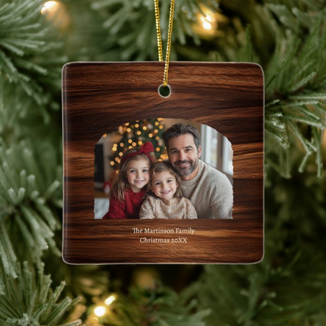 Modern Arch Family Foto Woodgrain Weihnachten Keramikornament (Baum)