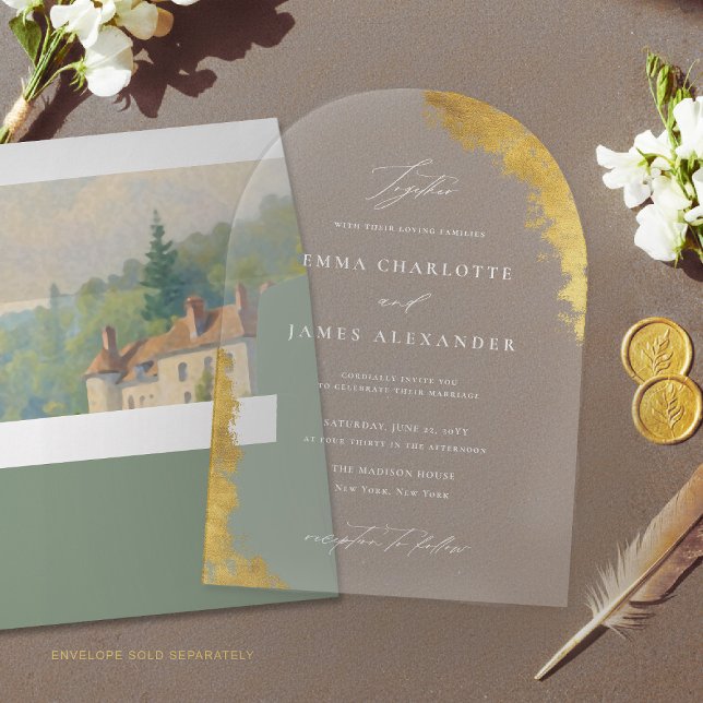 Modern Arch Faux Gold White Elegant Luxury Wedding Acryleinladungen (sage green gold acrylic wedding invitation arch shape transparent elegant modern romantic white)