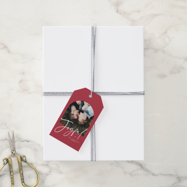 Modern Arch Foto Script Elegante Weihnachtsfeierta Geschenkanhänger (Mit Garn)