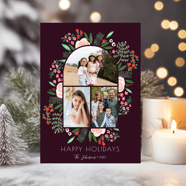 Modern Arch Frame Floral Family Christmas 3 Photo Feiertagskarte (Modern Arch Frame Floral Family Christmas 3 Photo Holiday Card
)