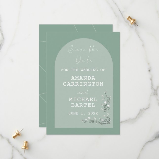 Modern Arch Green Hues Save the Date Card (Vorderseite/Rückseite Beispiel)