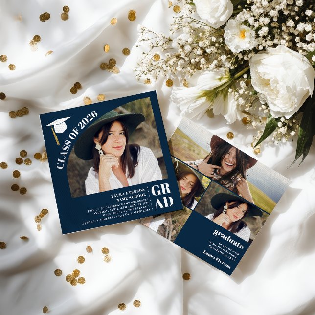 Modern arch navy blue 5 photos graduation einladung (Modern arch navy blue 5 photos graduation invitation)