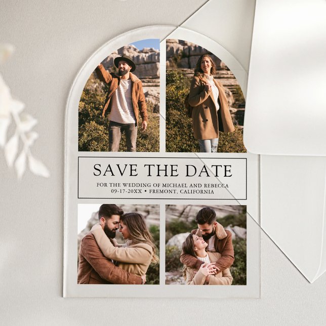 Modern Arch Photo Collage Wedding Save the Date Acryleinladungen (Von Creator hochgeladen)