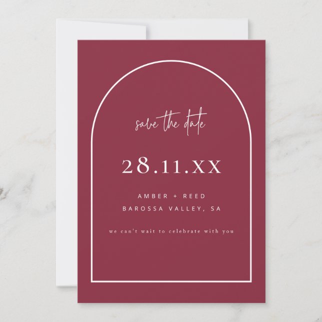 Modern Arch Retro Minimalistisch Burgund Red Save The Date (Vorderseite)