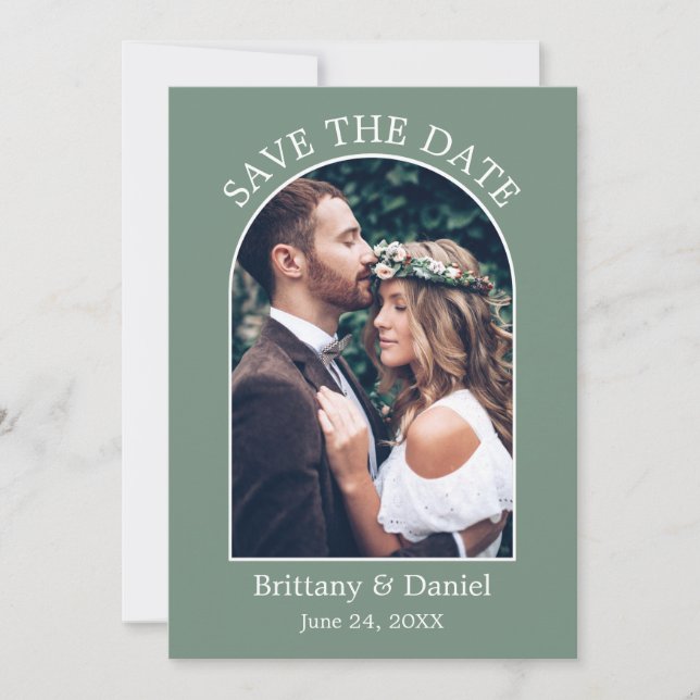 Modern Arkrahmen Foto Sage Green Save The Date (Vorderseite)