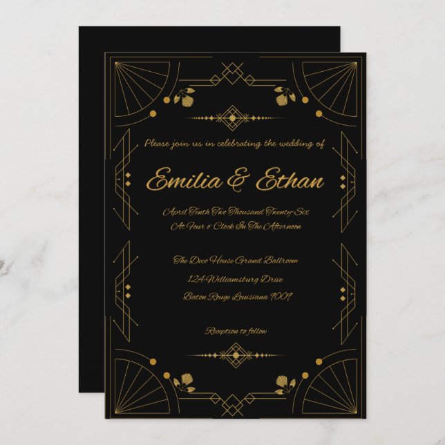 Modern Art Deco Black and Gold Wedding Invitation Einladung (Vorne/Hinten)