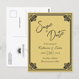 Modern Art Deco Black Gold Pfau Save the Date Postkarte
