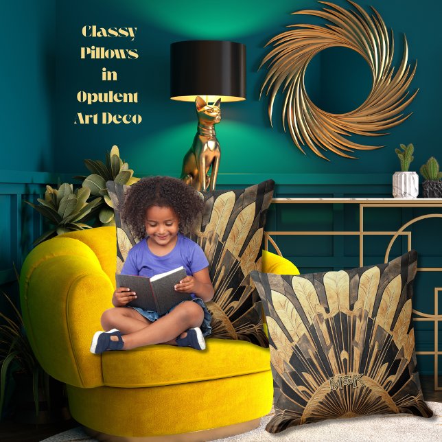 Modern Art Deco Gold Black Sunburst Motif 20 x 20 Kissen (Personalized Art Deco sunburst motif throw pillows with your personal or business initials/monogram)