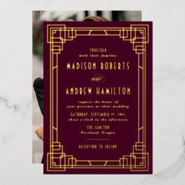 Modern Art Deco Hochzeit Wein und Gold Folieneinladung