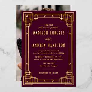 Modern Art Deco Hochzeit Wein und Gold Folieneinladung