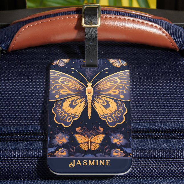 Modern Art Deco Lila Blue Gold Butterfly Gepäckanhänger (Vorderseite Insitu 2)