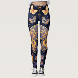 Modern Art Deco Lila Blue Gold Butterfly Leggings