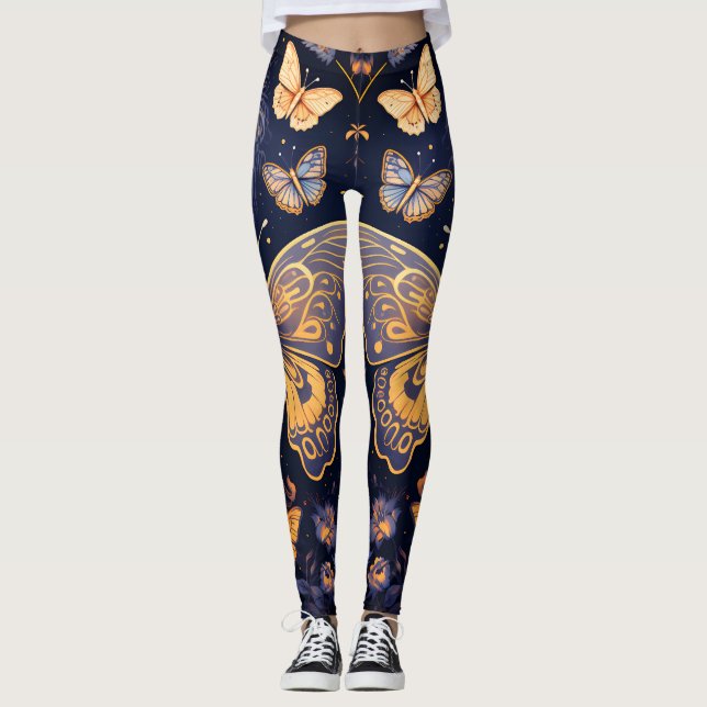 Modern Art Deco Lila Blue Gold Butterfly Leggings (Vorderseite)