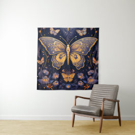 Modern Art Deco Lila Blue Gold Butterfly Wandteppich