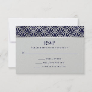 Modern Art Deco Navy and Faux Silver RSVP