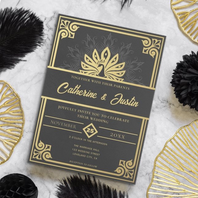 Modern Art Deco Pfau Gold und Schwarze Hochzeit Einladung (Von Creator hochgeladen)