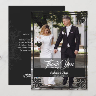 Modern Art Deco Pfau Schwarz-weißes Foto Hochzeit Dankeskarte