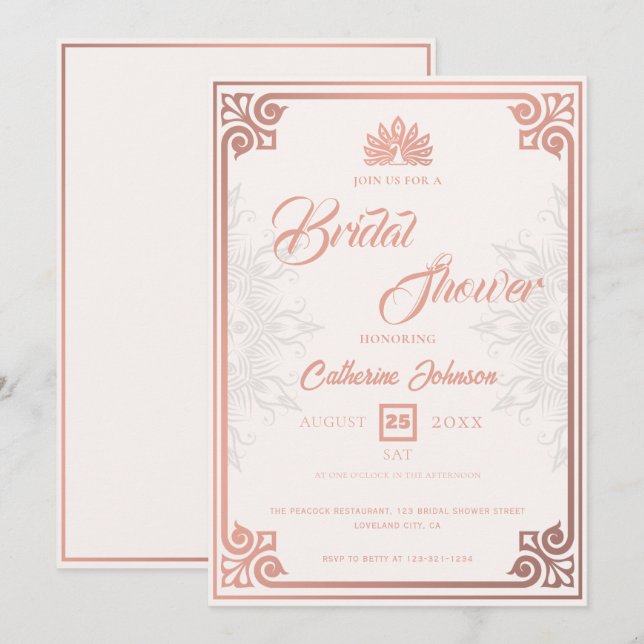 Modern Art Deco Pfaue Rose Rosa Brautparty Einladung (Vorne/Hinten)