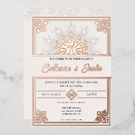 Modern Art Deco Pfauenhochzeit Rose Gold Folieneinladung