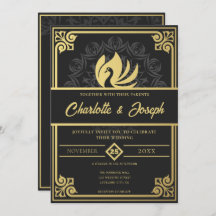 Modern Art Deco Swan Gold und Black Wedding