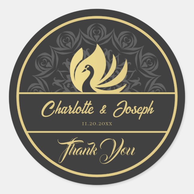 Modern Art Deco Swan Gold und Black Wedding Runder Aufkleber (Vorderseite)